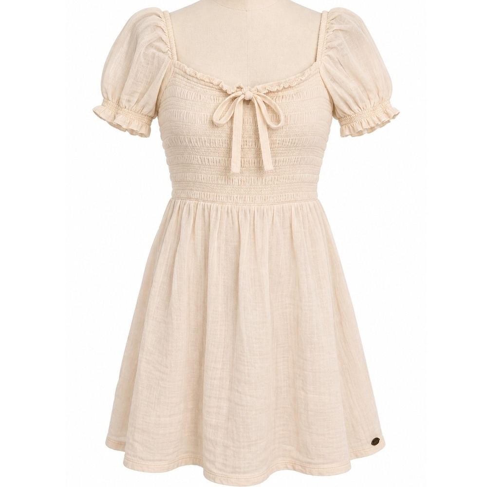 Roxy Hello Mini Again Dress Small Cream Smocked Puff Sleeve Boho Cottagecore New